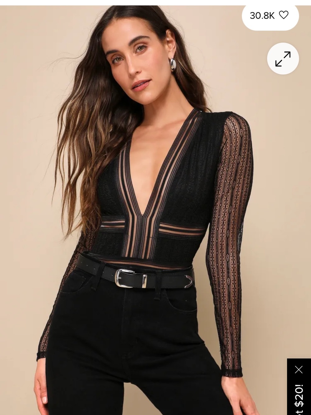 LULUS • NWT Casita Black Sheer Lace Long Sleeve Bodysuit